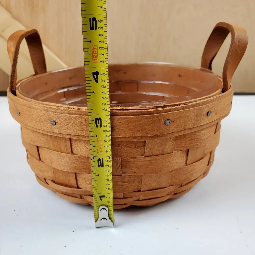 LONGABERGER Handwoven Round Basket Leather Handles USA with Plastic Protector